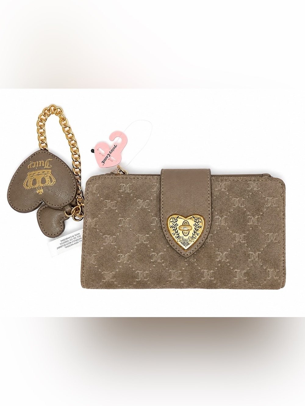 Juicy Couture Taupe Suede Crossbody Wallet with Gold Heart Lock